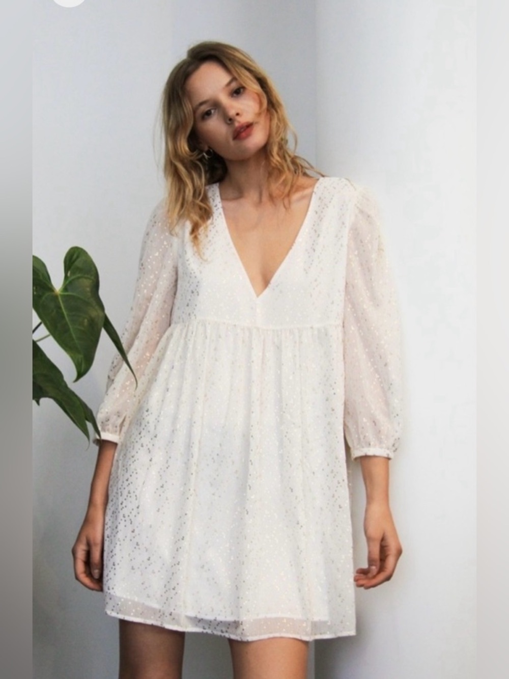 Sundays Best white Sparkle V-Neck Babydoll Dress - Picture 2 of 5